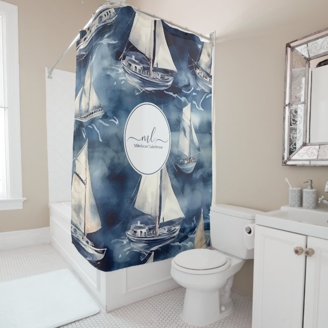 Rideaux De Douche Monographie du bateau bleu marine nautique (En situation)