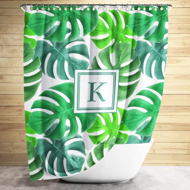 Rideaux De Douche Monstera Deliciosa Plante Feuille Motif Monogramme (Modern Green Palm Leaves Shower Curtain.)
