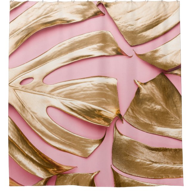Rideaux De Douche Monstera d'or Feuilles : Pastel Pink. (Devant)