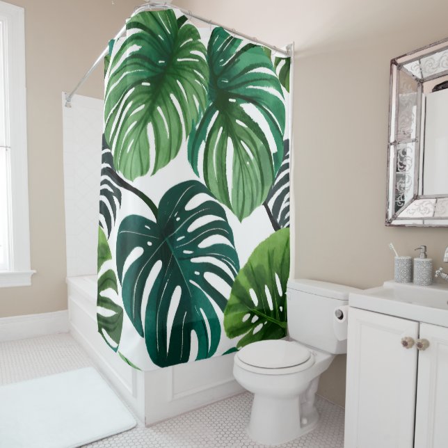 Rideaux De Douche Monstera Feuille Aquarelle Botanique Tropical (En situation)