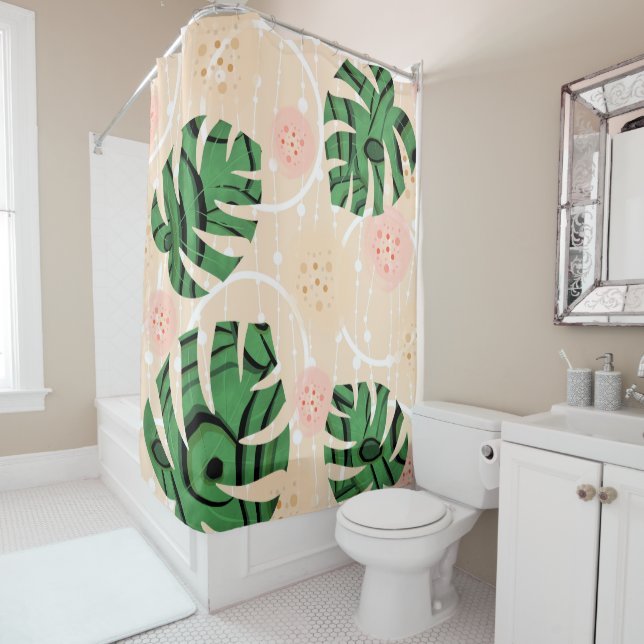 Rideaux De Douche Monstera feuilles sur rose. (En situation)
