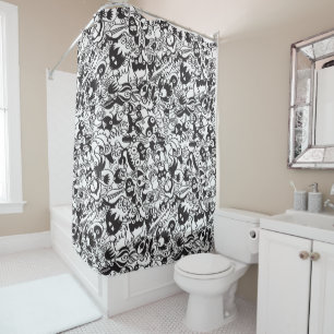 Rideaux De Douche Monstre d'horreur noir et blanc dans le style art
