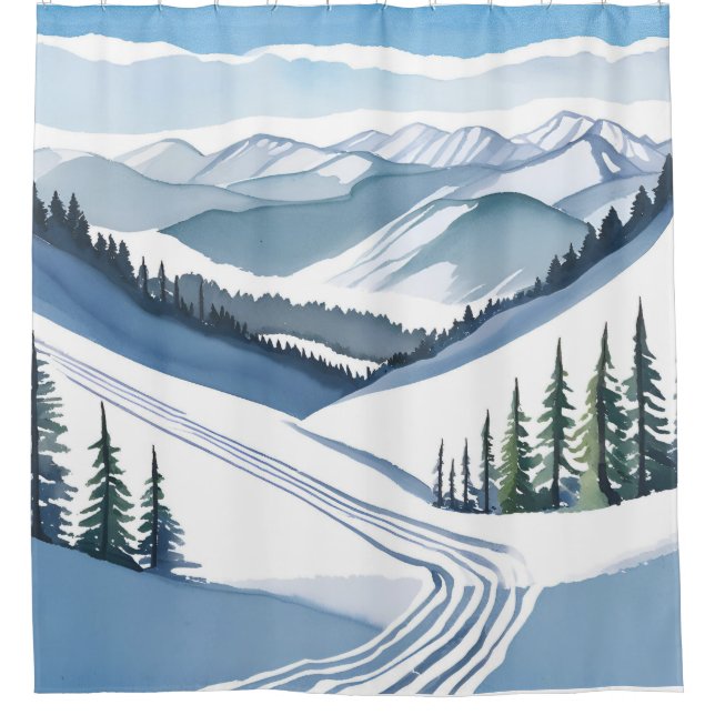 Rideaux De Douche Montagne de ski à l'aquarelle (Devant)