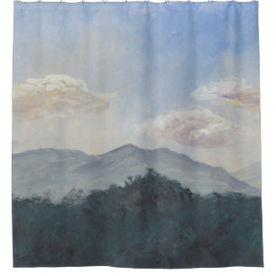 Rideaux De Douche Montagnes Bleues Gouache : Scène Nature Vibrante
