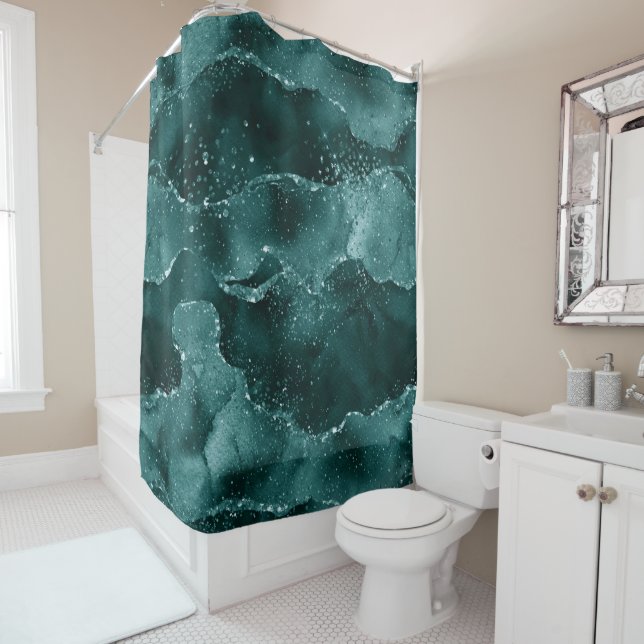 Rideaux De Douche Moody Agate | Turquoise Vert Malachite Riche Joyau (En situation)