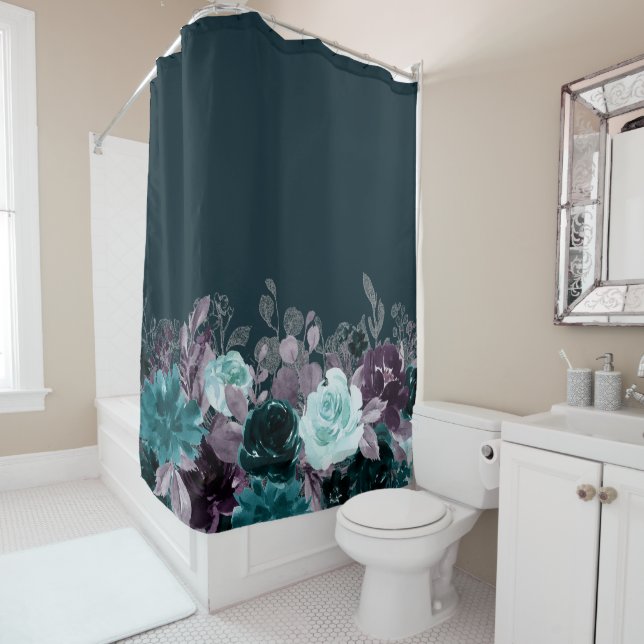Rideaux De Douche Moody Boho | Turquoise Turquoise profonde et flora (En situation)