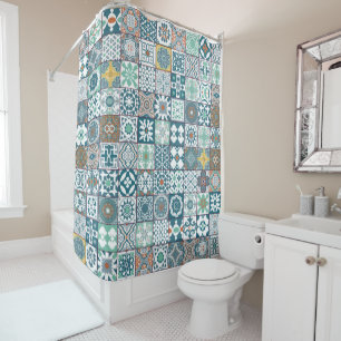 Rideaux De Douche Moroccan tile-orange et light turquoise