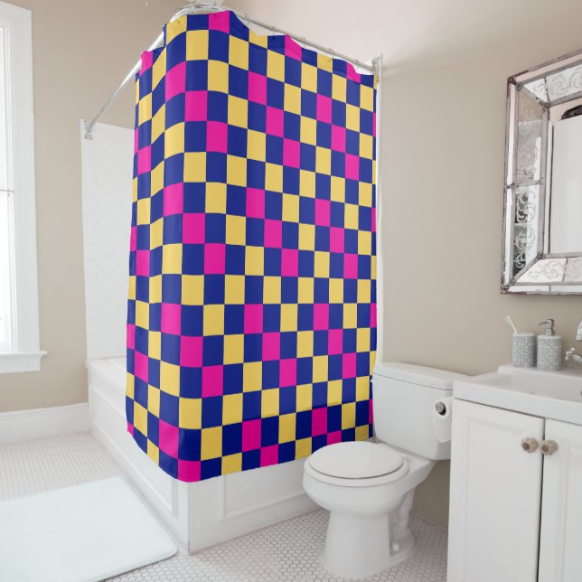 Rideaux De Douche Motif à carreaux bleu jaune rose  (En situation)