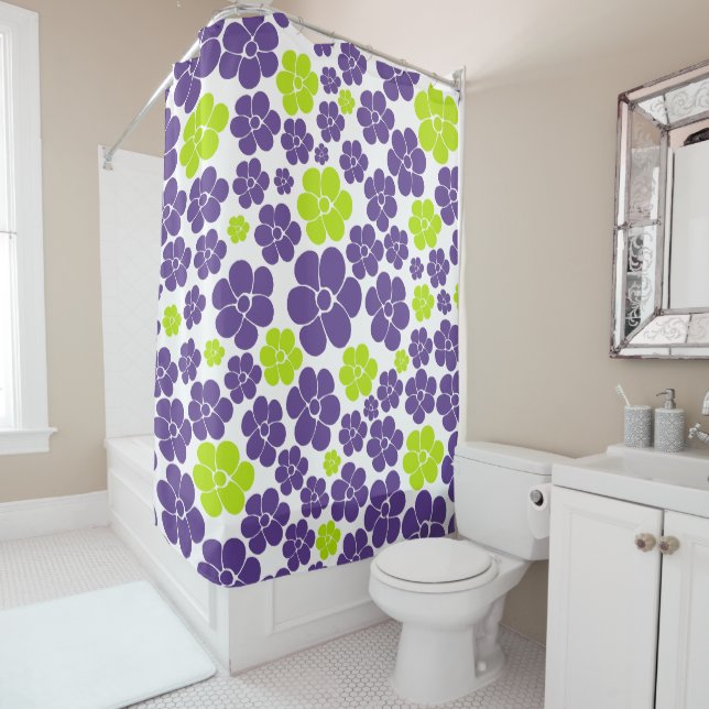 Rideaux De Douche Motif à fleurs en vert citron et violet (En situation)