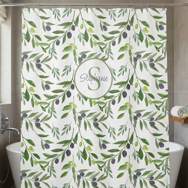 Rideaux De Douche Motif à l'aquarelle avec monogramme et nom sur fon (Créateur téléchargé)