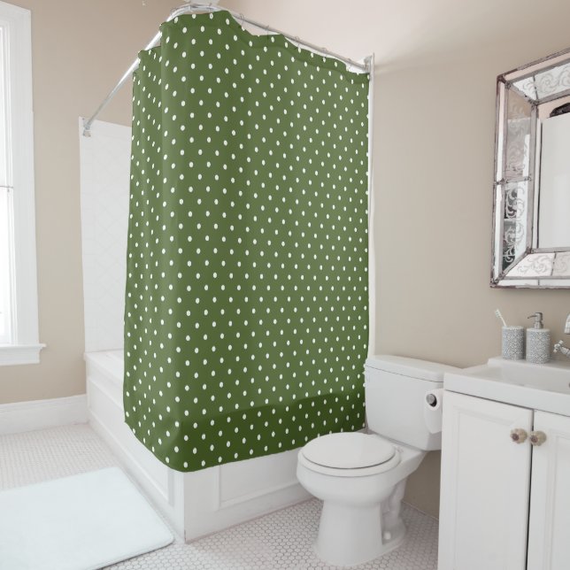 Rideaux De Douche Motif à pois blancs sur fond vert olive (En situation)