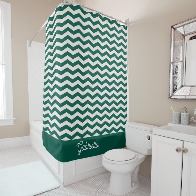 Rideaux De Douche Motif à rayures zig zag chevron vert sarcelle (En situation)