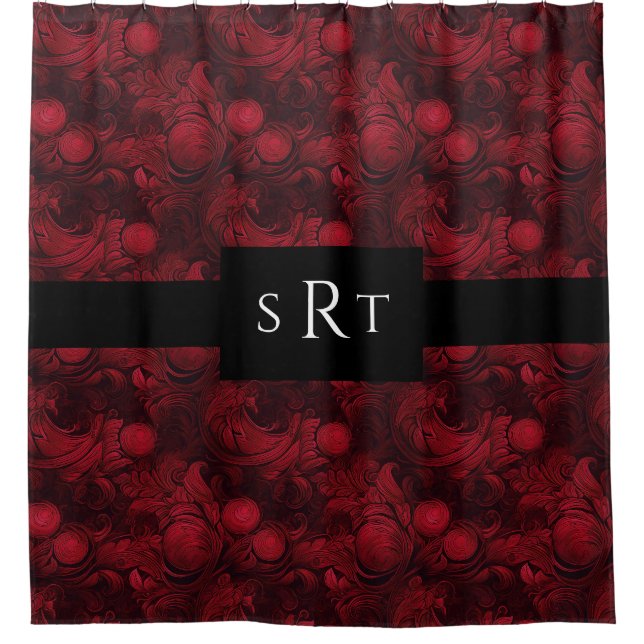 Rideaux De Douche Motif Abstrait de torsade rouge foncé Monogramme (Devant)
