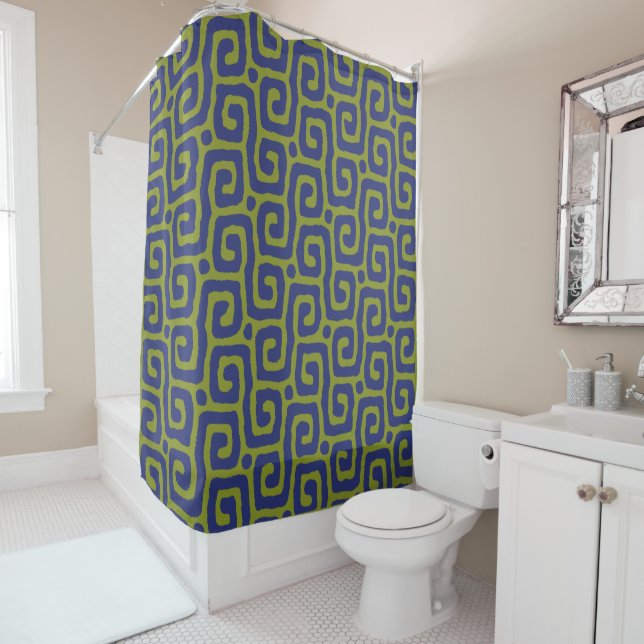 Rideaux De Douche Motif abstrait vert olive et bleu (En situation)
