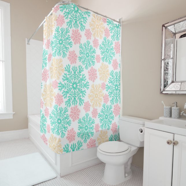 Rideaux De Douche Motif Aqua Pink et Gold Snowflakes (En situation)