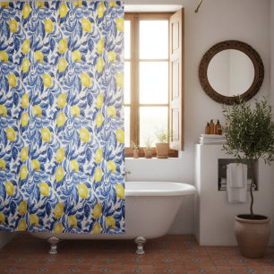 Rideaux De Douche Motif Aquarelle Citron Bleu 