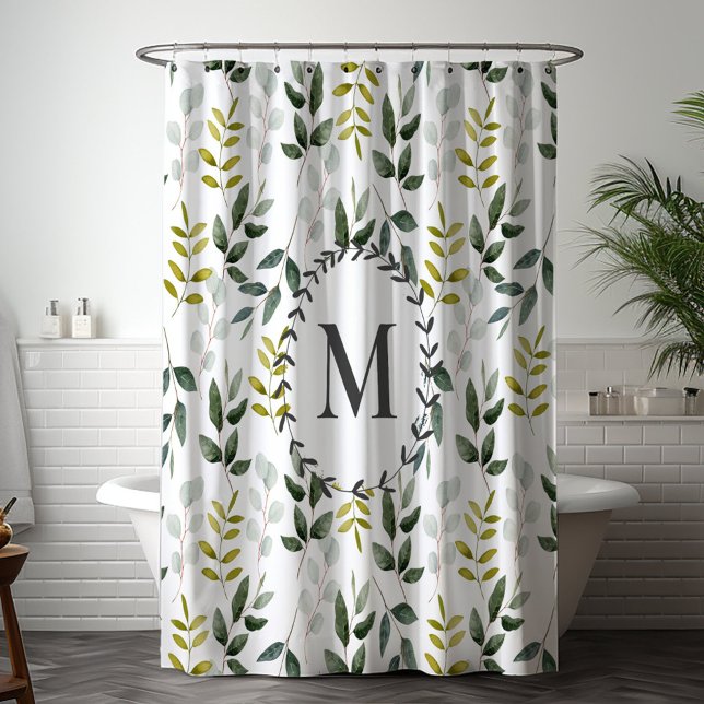 Rideaux De Douche Motif aquarelle de feuilles vertes monogrammées (In situ bathroom)