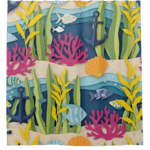 Rideaux De Douche Motif aquarelle nautique rétro (10)
