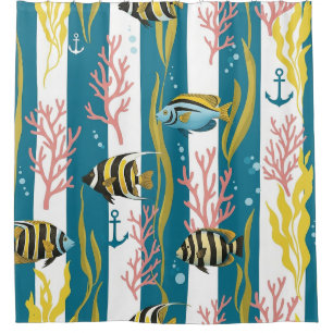 Rideaux De Douche Motif aquarelle nautique rétro (14)