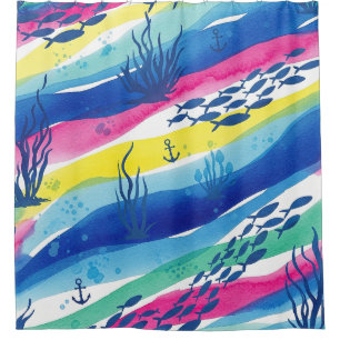 Rideaux De Douche Motif aquarelle nautique rétro (3)