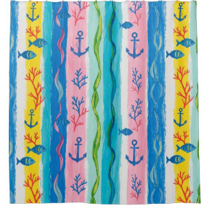 Rideaux De Douche Motif aquarelle nautique rétro (4)