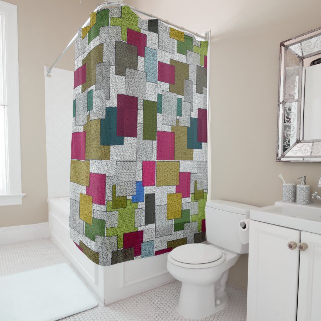 Rideaux De Douche Motif Art déco rétro violet gris bleu (En situation)