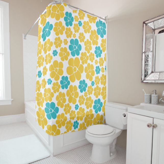 Rideaux De Douche Motif aux fleurs - Turquoise et Jaune (En situation)