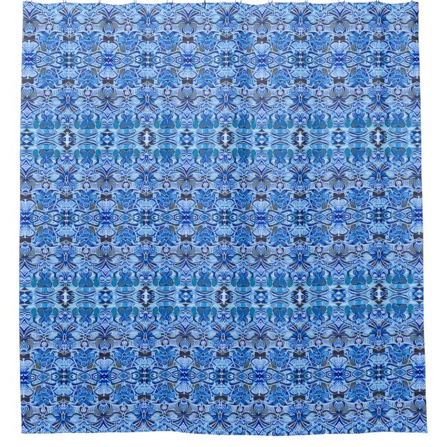 Rideaux De Douche Motif Batik tribal en Indigo bleu et blanc (Devant)