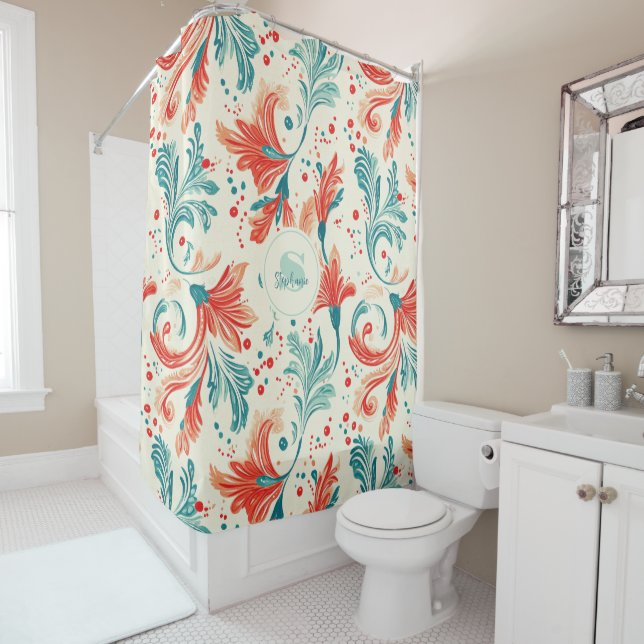 Rideaux De Douche Motif blanc blanc et rouge Paisley Leaf (En situation)