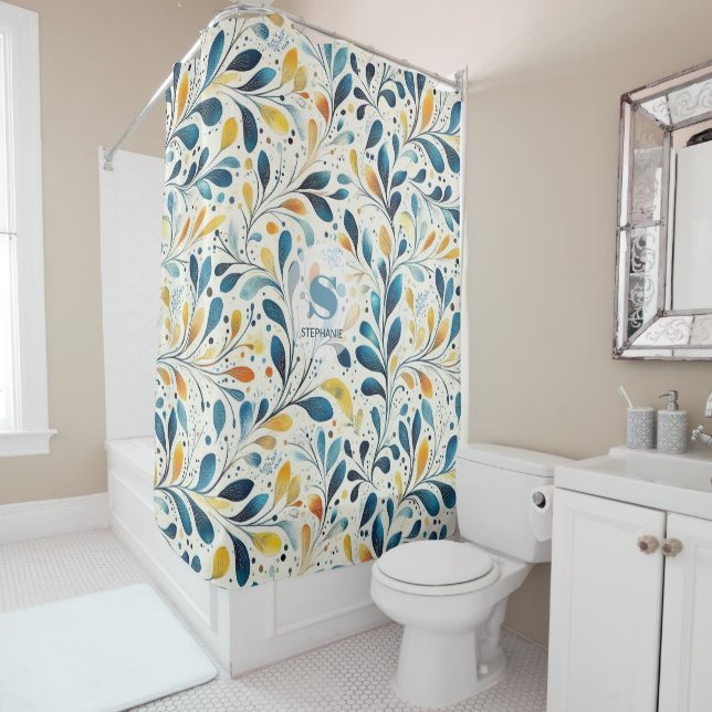 Rideaux De Douche Motif bleu et or Paisley Leaf (2) (En situation)