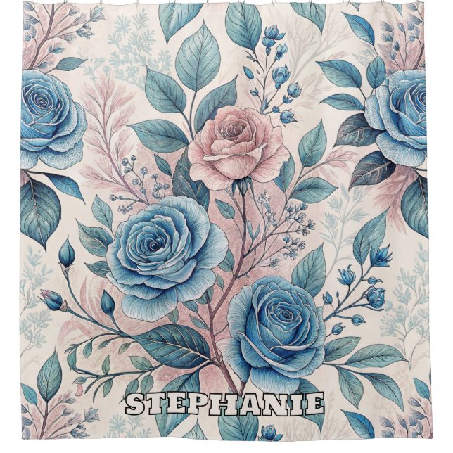 Rideaux De Douche Motif bleu et rose sur blanc doux (Devant)