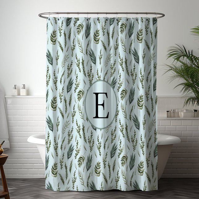 Rideaux De Douche Motif botanique de feuilles vertes de monogramme (In situ bathroom)
