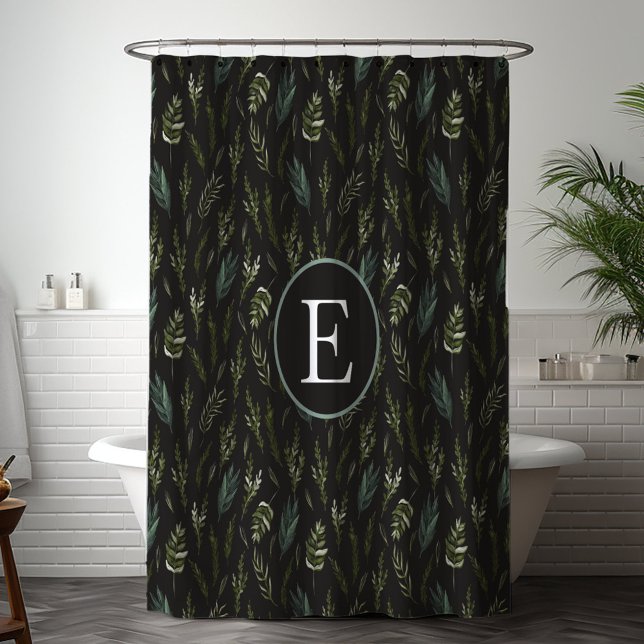 Rideaux De Douche Motif botanique de feuilles vertes Monogram (In situ bathroom)
