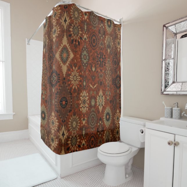 Rideaux De Douche Motif botanique terracotta sage boho foncé  (En situation)