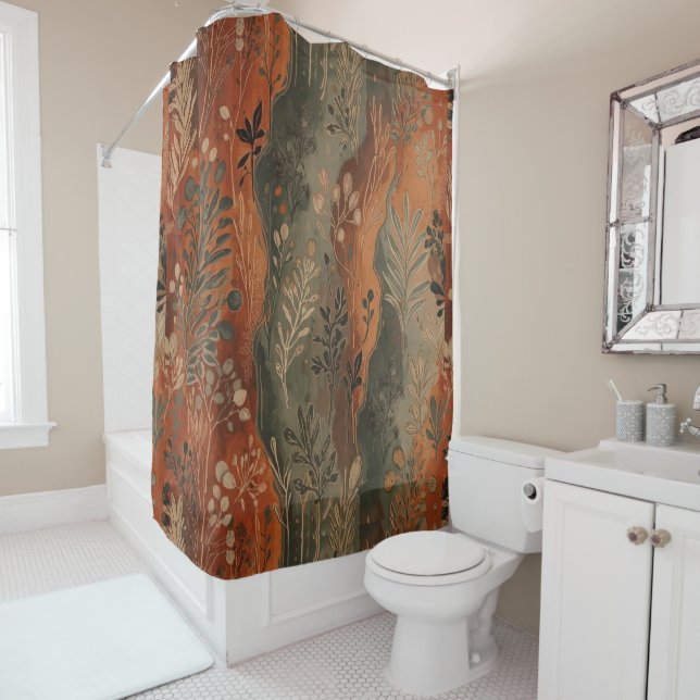 Rideaux De Douche Motif botanique terracotta sage boho foncé (En situation)