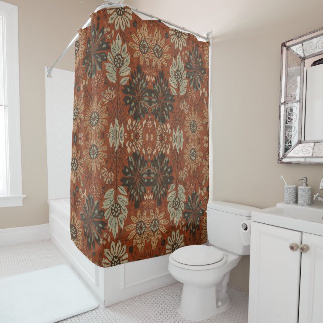 Rideaux De Douche Motif botanique terracotta sage boho foncé  (En situation)