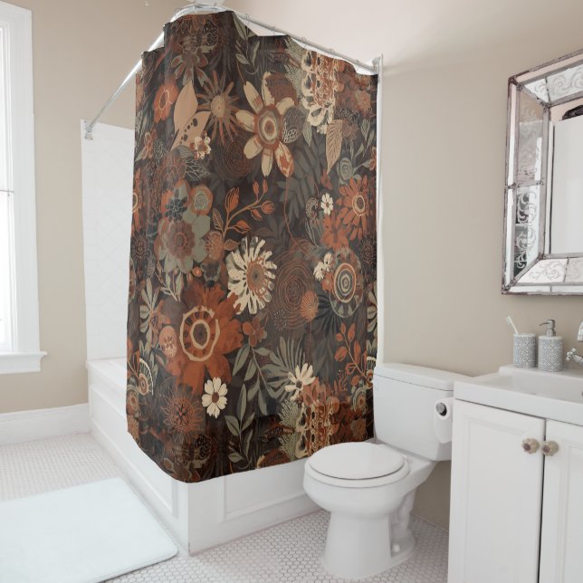 Rideaux De Douche Motif botanique terracotta sage boho foncé (En situation)