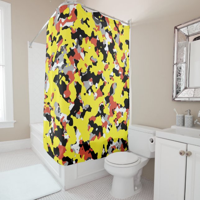 Rideaux De Douche Motif camouflage jaune rouge noir gris Camo (En situation)