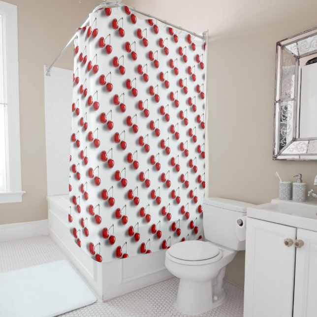 Rideaux De Douche Motif Cerises Glacées Blanc  (En situation)