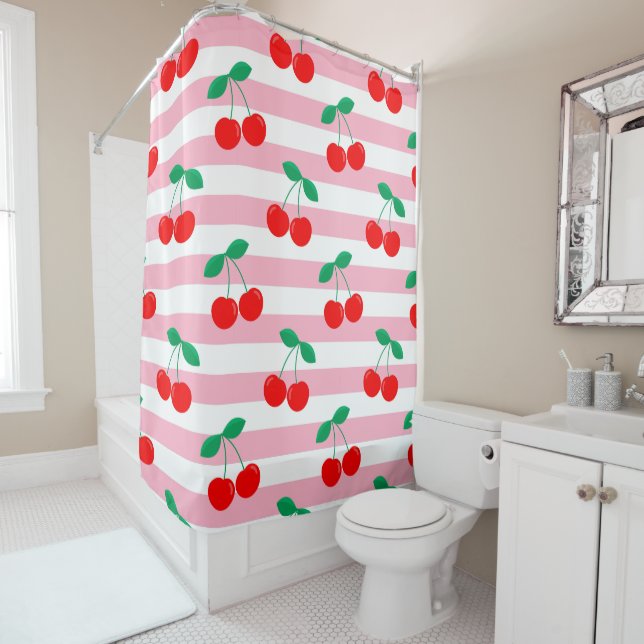 Rideaux De Douche Motif Cherry Stripe - Retro Fruit Cadeau & Décor (En situation)