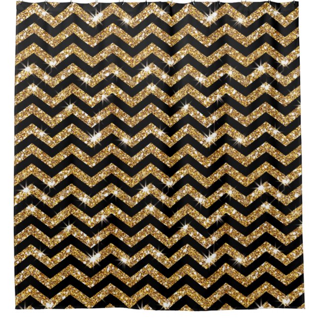 Rideaux De Douche Motif Chevron noir et or (Devant)