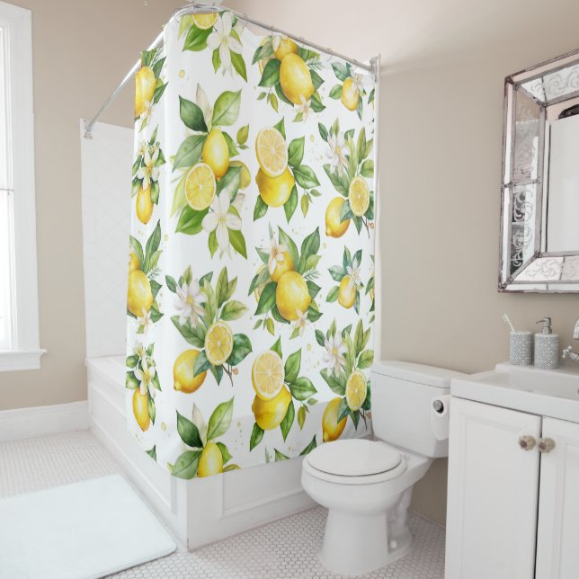 Rideaux De Douche Motif citron, Fleurs de citron, Feuilles, Citrus (En situation)