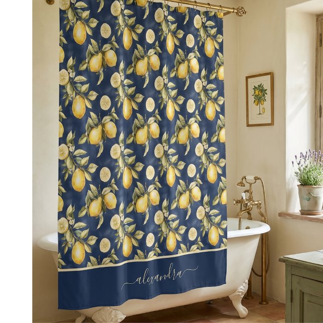 Rideaux De Douche Motif Citron Monogramme Nom  (Créateur téléchargé)