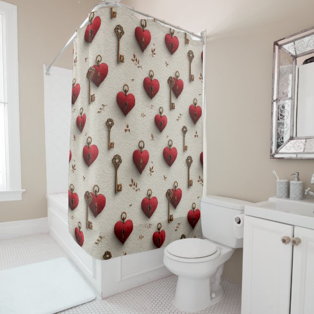 Rideaux De Douche Motif Cœurs et Clés Vintage (En situation)