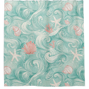 Rideaux De Douche Motif Coquillages et Vagues Océaniques (3)