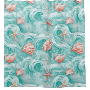 Rideaux De Douche Motif Coquillages et Vagues Océaniques (5)
