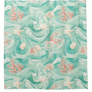 Rideaux De Douche Motif Coquillages et Vagues Océaniques (8)