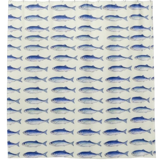 Rideaux De Douche Motif côtier minimal horizontal Sardines bleues (Devant)