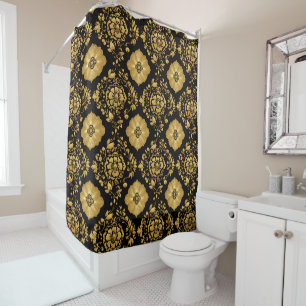 Rideaux De Douche Motif damassé floral or luxe sur fond noir