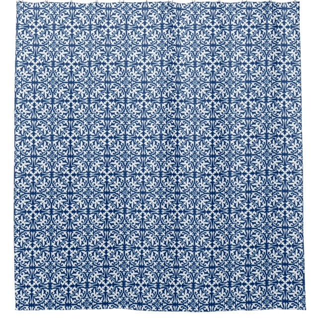 Rideaux De Douche Motif damassé Ikat - Bleu de cobalt et blanc (Devant)